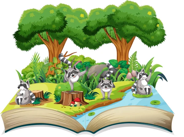 Libro Cuentos Con Mapaches Ilustración Forestal — Vector de stock