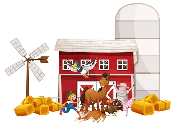 Many Farm Animals Farmer Illustration — Vetor de Stock