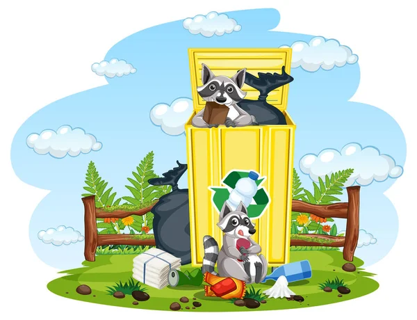 Scene Raccoons Searching Trash Illustration — Stock Vector
