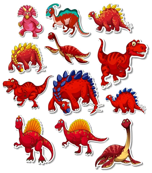 Sticker Ensemble Différents Dinosaures Illustration Bande Dessinée — Image vectorielle