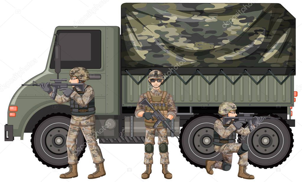 Military vehicle and soldier on white background illustration