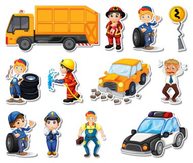 Sticker set of professions characters and objects illustration