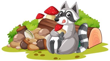 Cute raccoon with pile of nuts illustration