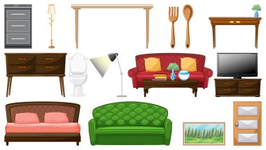 Beyaz arkaplandaki mobilyalar ve ev aletleri