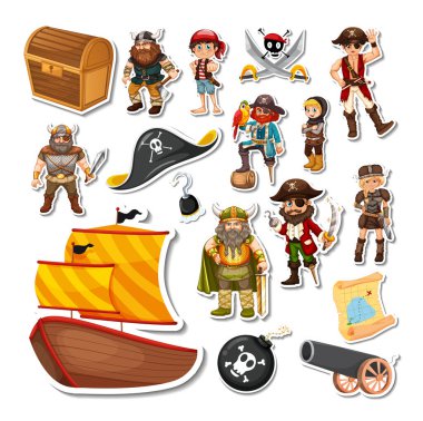 Stickers pack of pirate cartoon characters and objects illustration