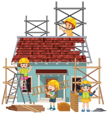 İşçi illüstrasyonuyla izole edilmiş inşaat alanı