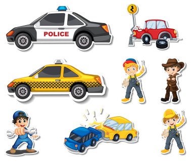 Sticker set of professions characters and objects illustration