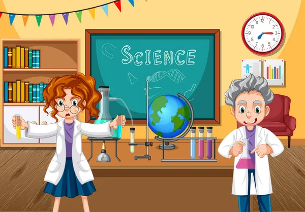 Szene Klassenzimmer Mit Wissenschaftlern Die Experimente Illustrieren — Stockvektor