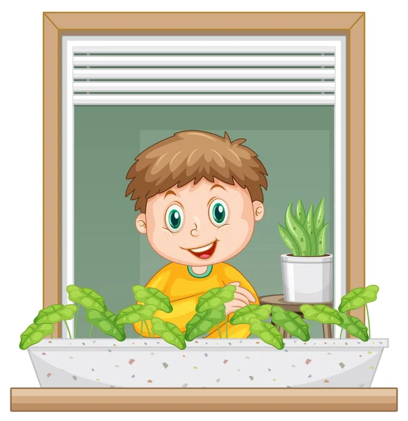 View Window Boy Cartoon Character Illustration — Stock Vector