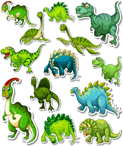 Sticker Set Different Dinosaurs Cartoon Illustration — Archivo Imágenes Vectoriales