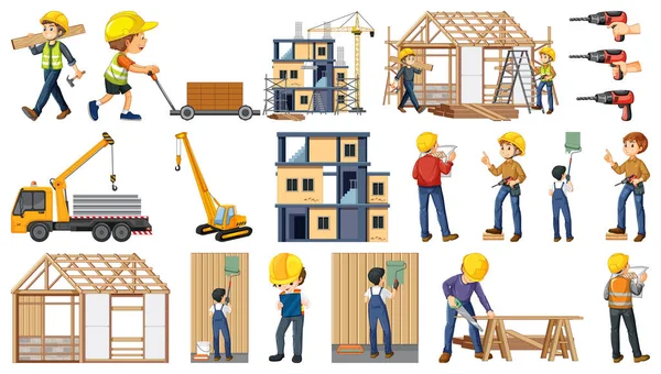 Set Construction Site Objects Workers Illustration — Stock Vector