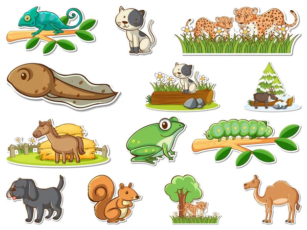 Sticker Set Wild Animals Cartoon Illustration — ストックベクタ