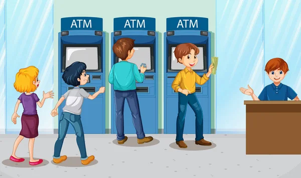 Atm Bank Scene People Cartoon Character Illustration —  Vetores de Stock