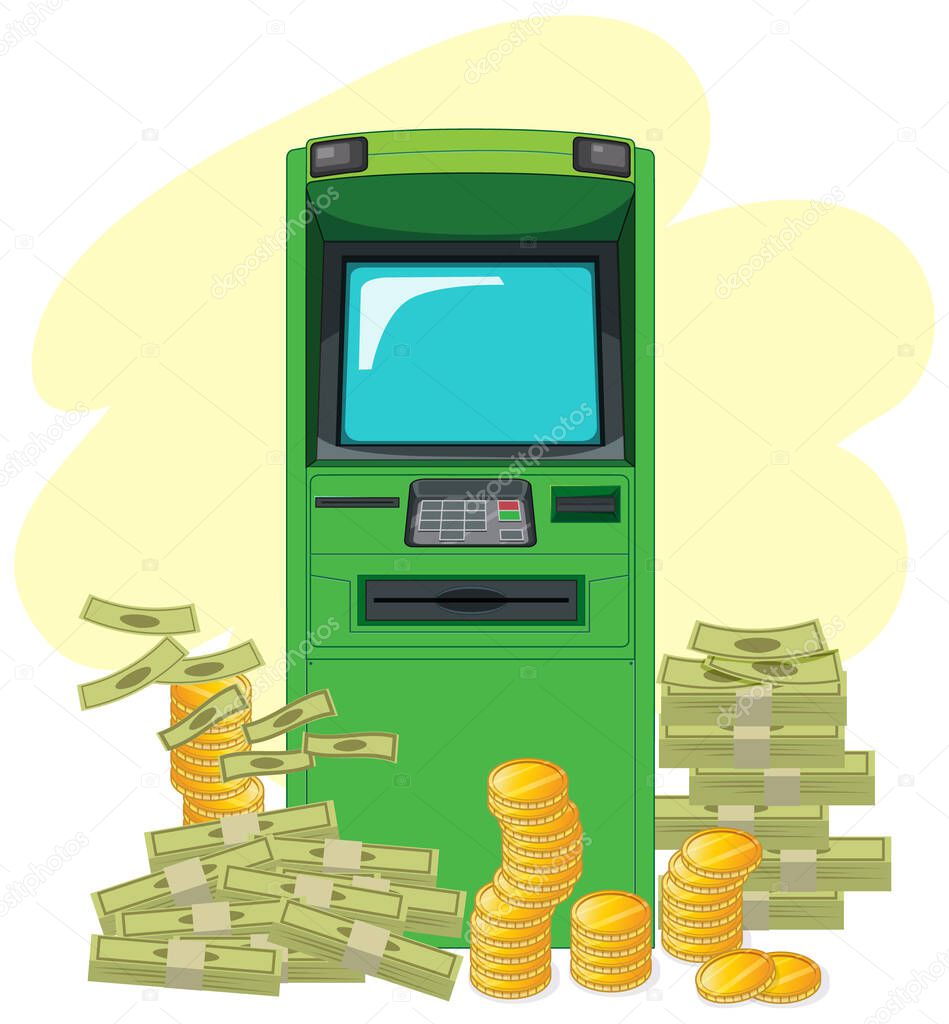 ATM machine with stack of coins and cash illustration