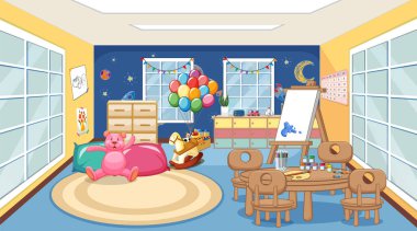 Scene with toys and table in classroom illustration