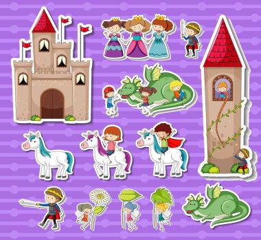 Fantezi peri masalı çizgi film karakterlerinin çizimleri.