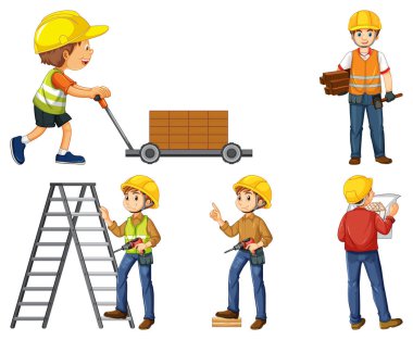 İnşaat alanı nesneleri ve işçilerin çizimleri