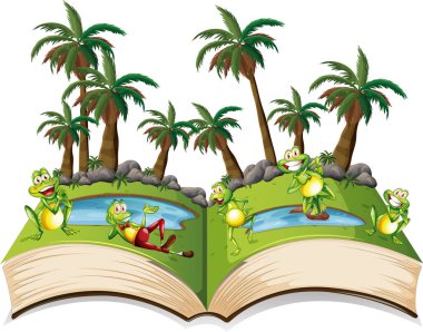 Storybook with frogs by the pond illustration