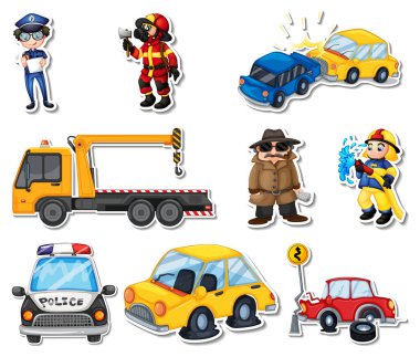 Meslek karakterleri ve nesne çizimleri etiketi