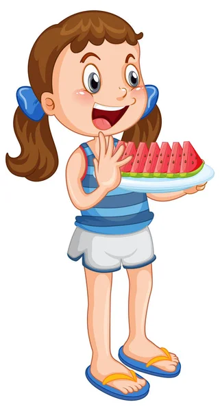 Little Girl Tray Watermelon Illustration — 스톡 벡터
