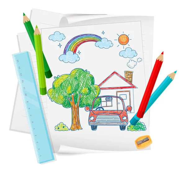 Papel Con Dibujo Garabatos Con Ilustración Lápices Color Color — Vector de stock