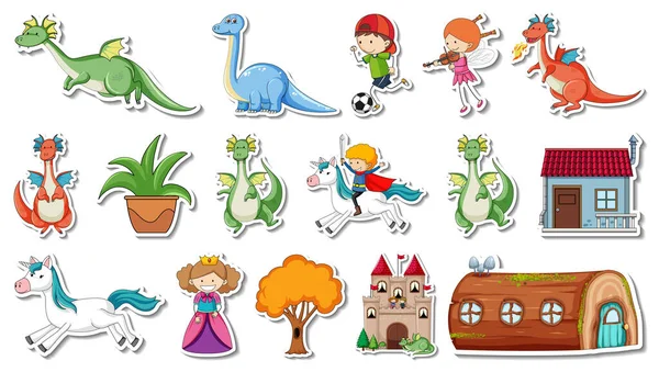 Sticker Set Fantasy Fairy Tale Cartoon Characters Illustration — Stock Vector