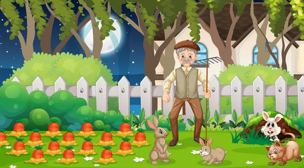 Old Man Rabbits Garden Illustration — Stock Vector