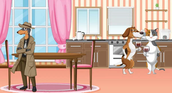 Set Different Domestic Animals Kitchen Illustration — Stock Vector