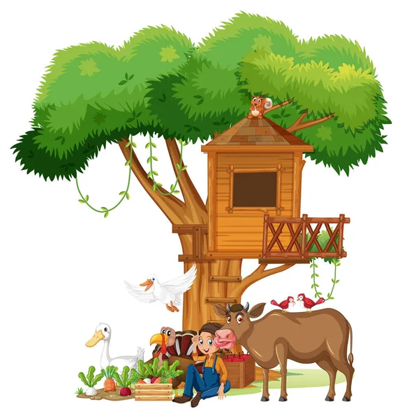 Many Farm Animals Treehouse Illustration — Stockový vektor