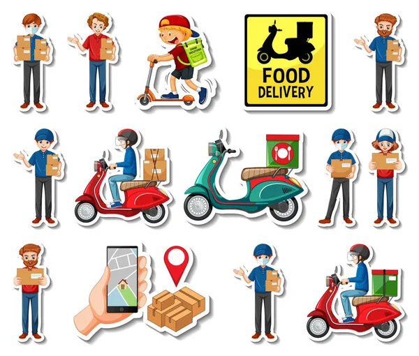 Sticker Set Delivery Objects Cartoon Characters Illustration — Image vectorielle
