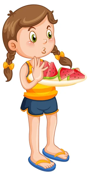 Little Girl Tray Watermelon Illustration — ストックベクタ