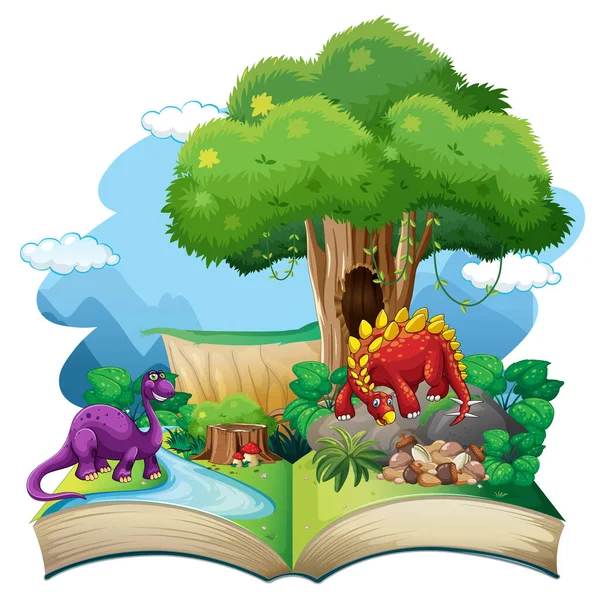 Nyitott Könyv Különböző Dinoszauruszok Rajzfilm Illusztráció — Stock Vector