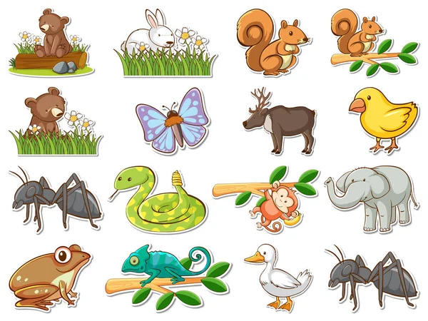Sticker Set Wild Animals Cartoon Illustration — 스톡 벡터