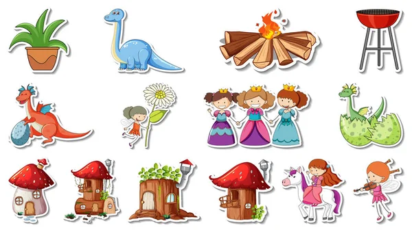 Sticker Set Fantasy Fairy Tale Cartoon Characters Illustration — Stok Vektör