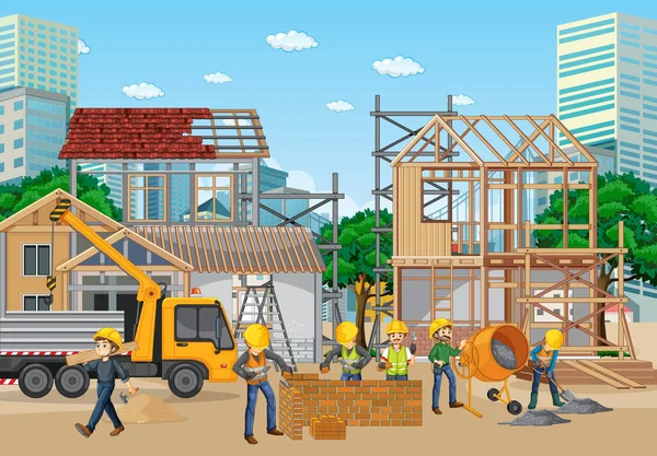 Construcción Casas Con Ilustración Trabajadores — Vector de stock