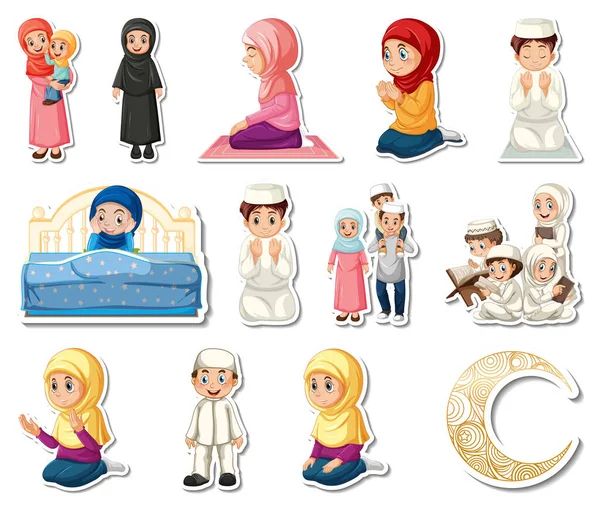 Aufkleber Set Mit Islamischen Religiösen Symbolen Und Zeichentrickfiguren Illustration — Stockvektor