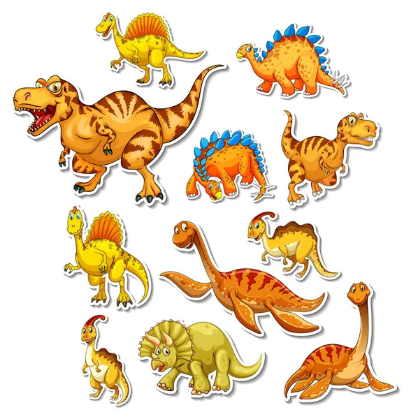 Nálepka Sada Různých Dinosaurů Kreslené Ilustrace — Stockový vektor