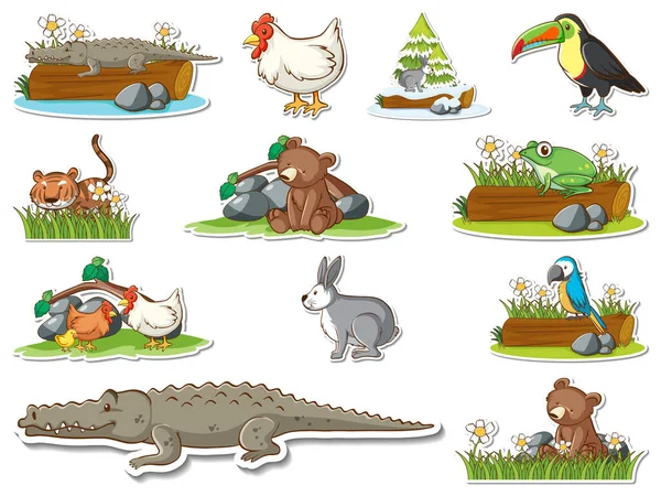 Sticker Set Cartoon Wild Animals Illustration — Stok Vektör