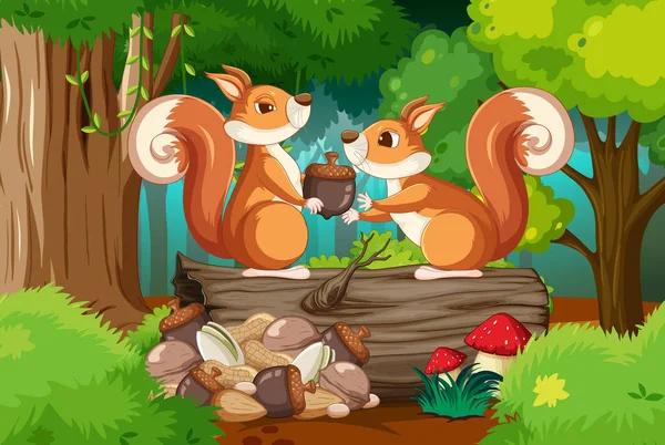 Szene Mit Eichhörnchen Wald Illustration — Stockvektor