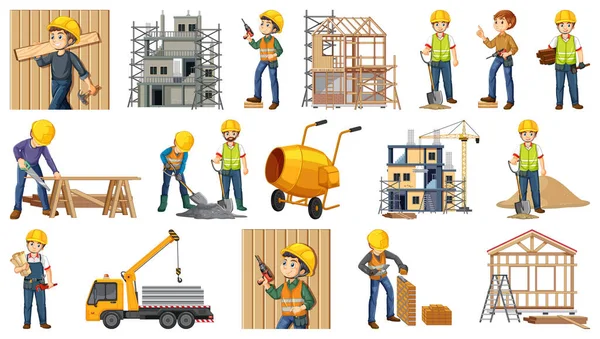 Conjunto Objetos Canteiro Obras Ilustração Dos Trabalhadores —  Vetores de Stock