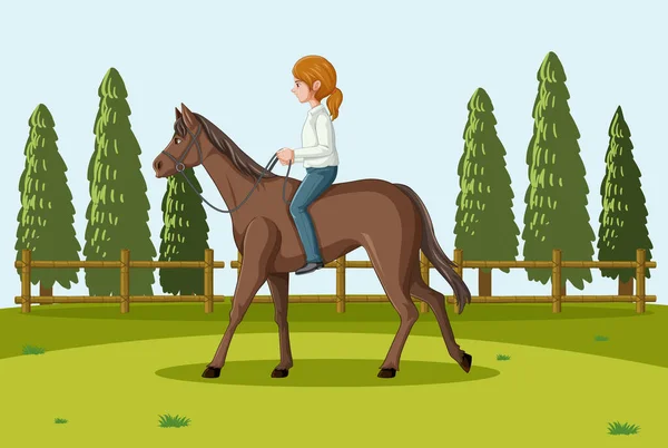 Εξωτερική Φόντο Μια Γυναίκα Ιππασία Άλογο Εικονογράφηση — Διανυσματικό Αρχείο
