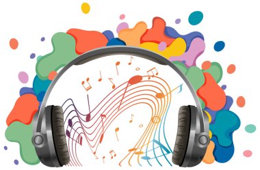 Beyaz arkaplan illüstrasyonunda rengarenk müzik notaları olan kulaklık