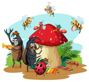 Group of beetles and bees cartoon character illustration