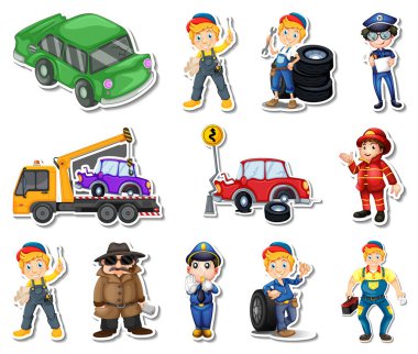Sticker set of professions characters and objects illustration