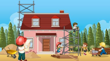 İnşaat şantiyesi ve işçi illüstrasyonu