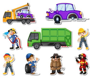 Sticker set of professions characters and objects illustration
