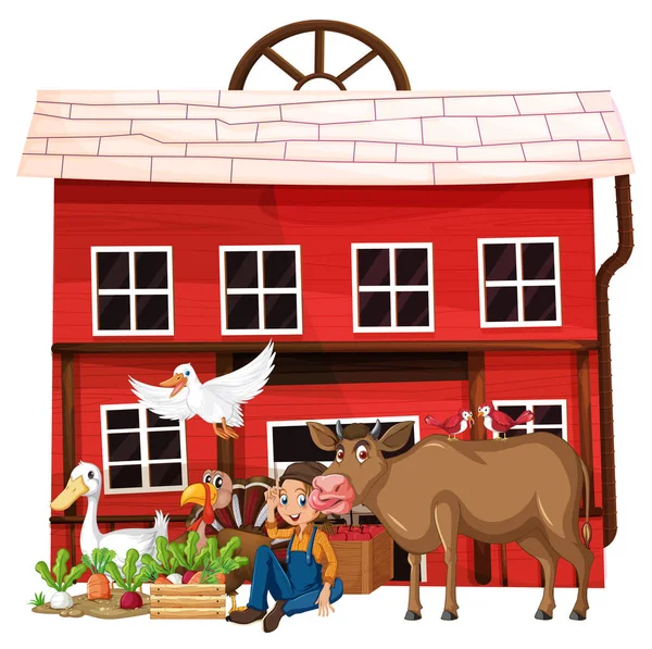 Farming Theme Farmer Animals Illustration — Stock Vector