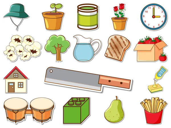 Sticker Set Van Gemengde Dagelijkse Objecten Illustratie — Stockvector