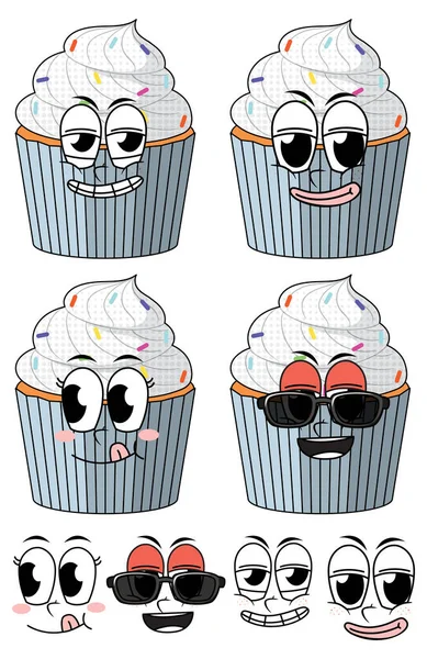 Set Facial Expression Vintage Style Cartoon Cupcake White Background Illustration — Wektor stockowy