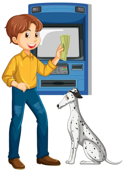 Homem Retirar Dinheiro Máquina Atm Uma Ilustração Cão — Vetor de Stock